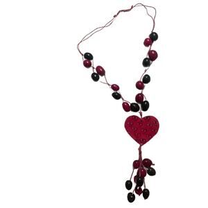 Vintage Boho Pink Black Wooden Bead Heart Pendant Necklace Chunky